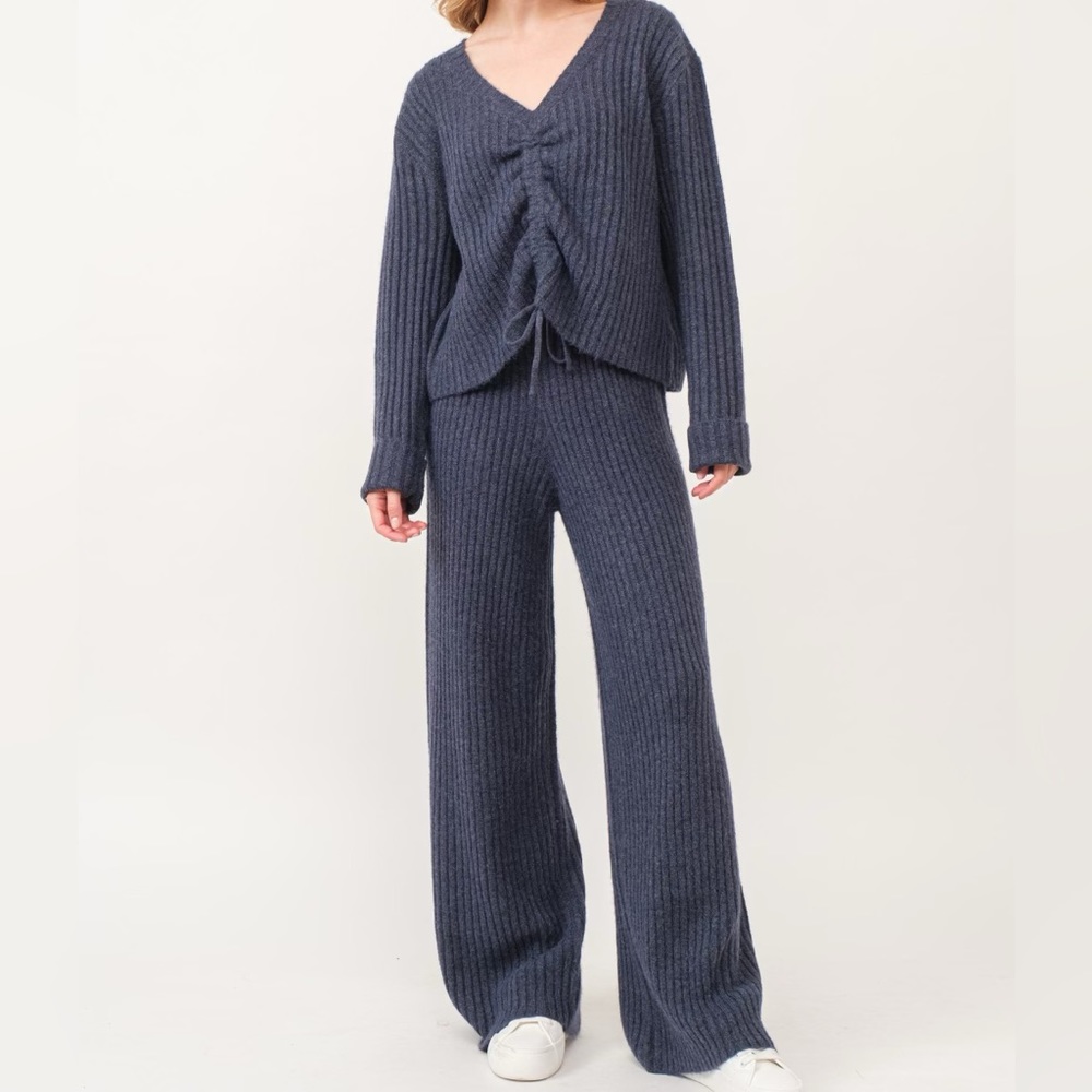 Navy Soft Ribbed V-Neck Drawstring Top & Wide-Leg Pant Set NWT - (#0195)